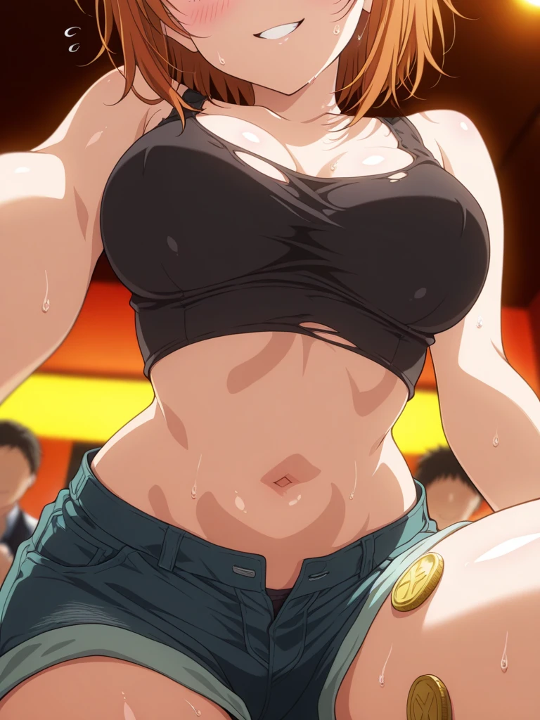 nsfw,cowboy shot,plump,{{{thigh focus}}},short hair,{{yellow headband}},{{{erect nipples}}},Tank top,bare tits,{{{{{city}}}}},{{{crowd}}},many mens,audience,multiple mens,{{{audience}}},{{{{{sweaty skin}}}}},{{{Tank top}}},shirt lift,{{skinny jeans}},{{{{{bare tits}}}}},{{{bare tummy}}},{{{{{city}}}}},{{{{{hands on own chest}}}}},{{{show off breasts}}},{{{breasts out}}},{{{show off nipple}}},huge breasts,{{{{{tainaka ritsu}}}}},{{{{{in K-ON! style}}}}},exhibitionism,exhibitionism,public indecency,embarrassed,aroused,{{{masterpiece}}},{{{best quality}}},{{ultra-detailed}},{illustration},{{an extremely delicate and beautiful}}