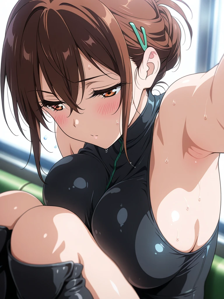 masterpiece, Highest quality, High resolution, (Makoto Kino),1990s \(style\),Green Swimsuit、Green Bikini,(E-cup beautiful )、tall、Sweating all over the body、vapor、Beautiful pink nipplesd、Muscular、sexy、Face writg in pleasure、The whole body is covered in sex fluids、Sweatynfiguration from the front、Expression of sexual climax、Lookinemen sped on face、Anime-spainting style,Brown Hair、ponytail、Composition that focuses on the upper body
