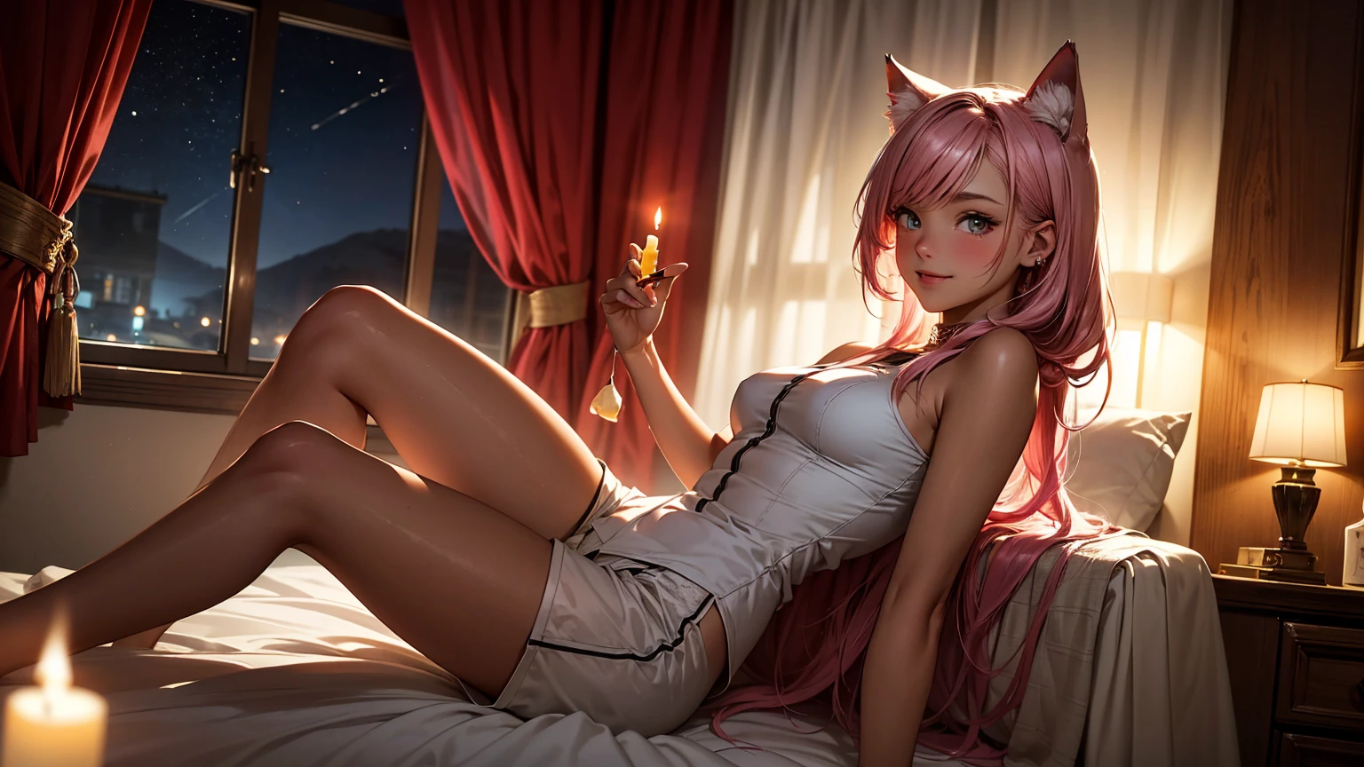 Taiwanese girl 18 years old with baby face and big breasts Asian woman wearing white shirt and black shorts lying on yoga mat,Anime Girls Cosplay,cat ears and tail, cat ears anime girl, Ahri from League of Legends is a girl wearing a maid outfit,have big breasts,There are three women in maid costumes,Doing push-ups on mat in gym,charming depiction,Lively and dynamic
