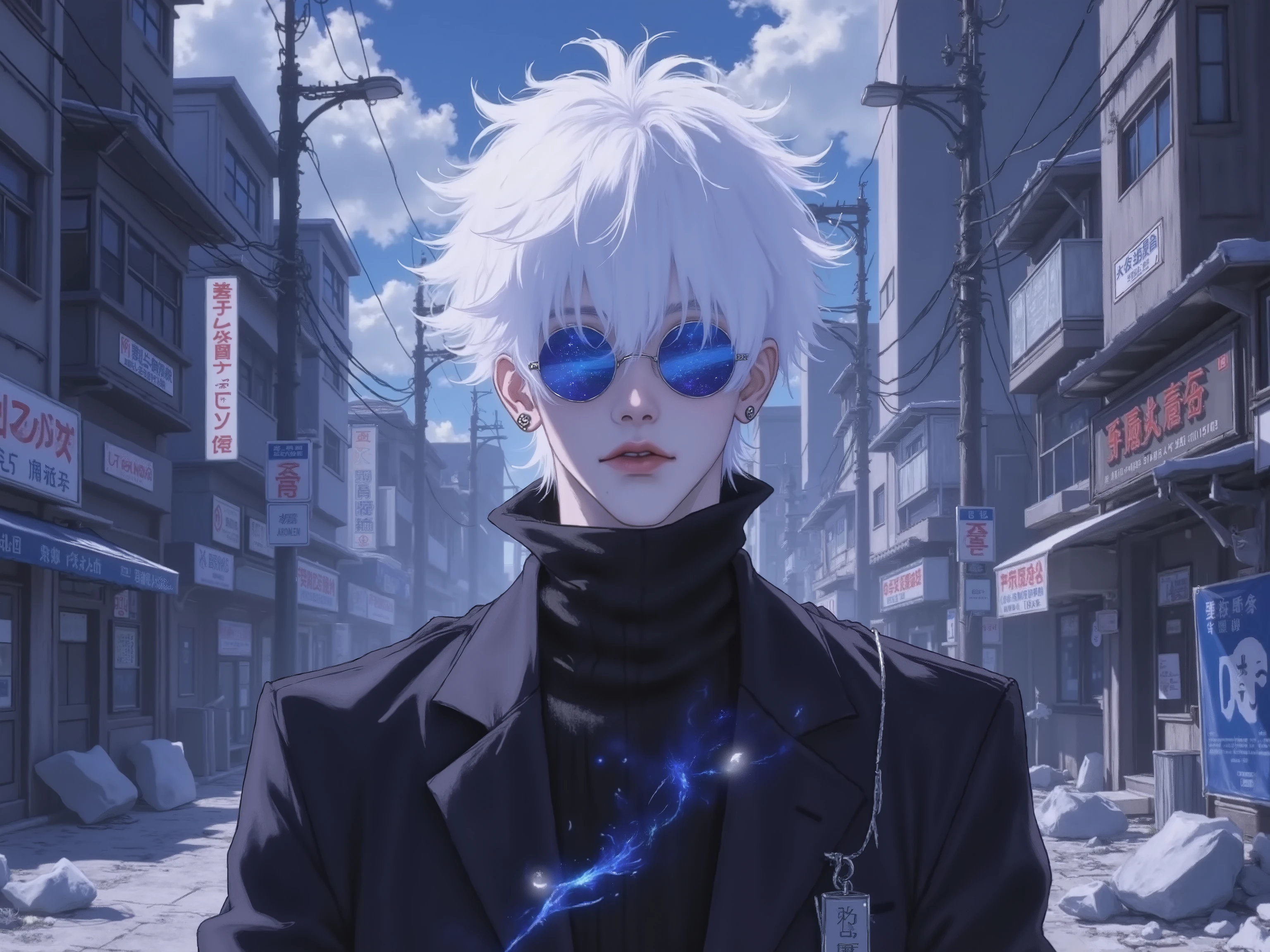 ((점수_9,점수_8_위로)), GOJO SATURO, Portrait of Gojo Satoru from "Jujutsu Kaisen", upper body only, facing forward with a calm and confident expression. White hair, blue sunglasses, wearing a high-collared black uniform. anime style, detailed lighting, soft shadows, A tall white-haired anime man with striking blue eyes, wearing a black high-collar uniform, pushed up on his head, standing in a destroyed Tokyo cityscape with cursed energy swirling around him, hands in pockets, Infinite Void theme, cinematic lighting, anime style, highly detailed