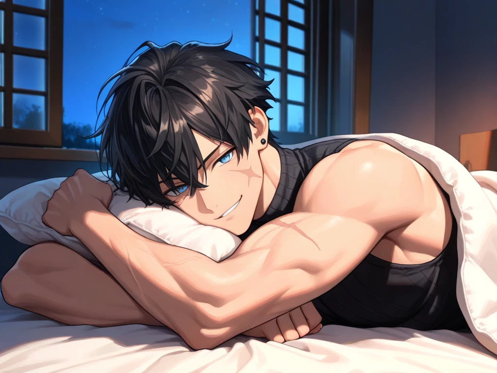 shirtless man、A man whose lower body is covered with a futon、man in prone position
