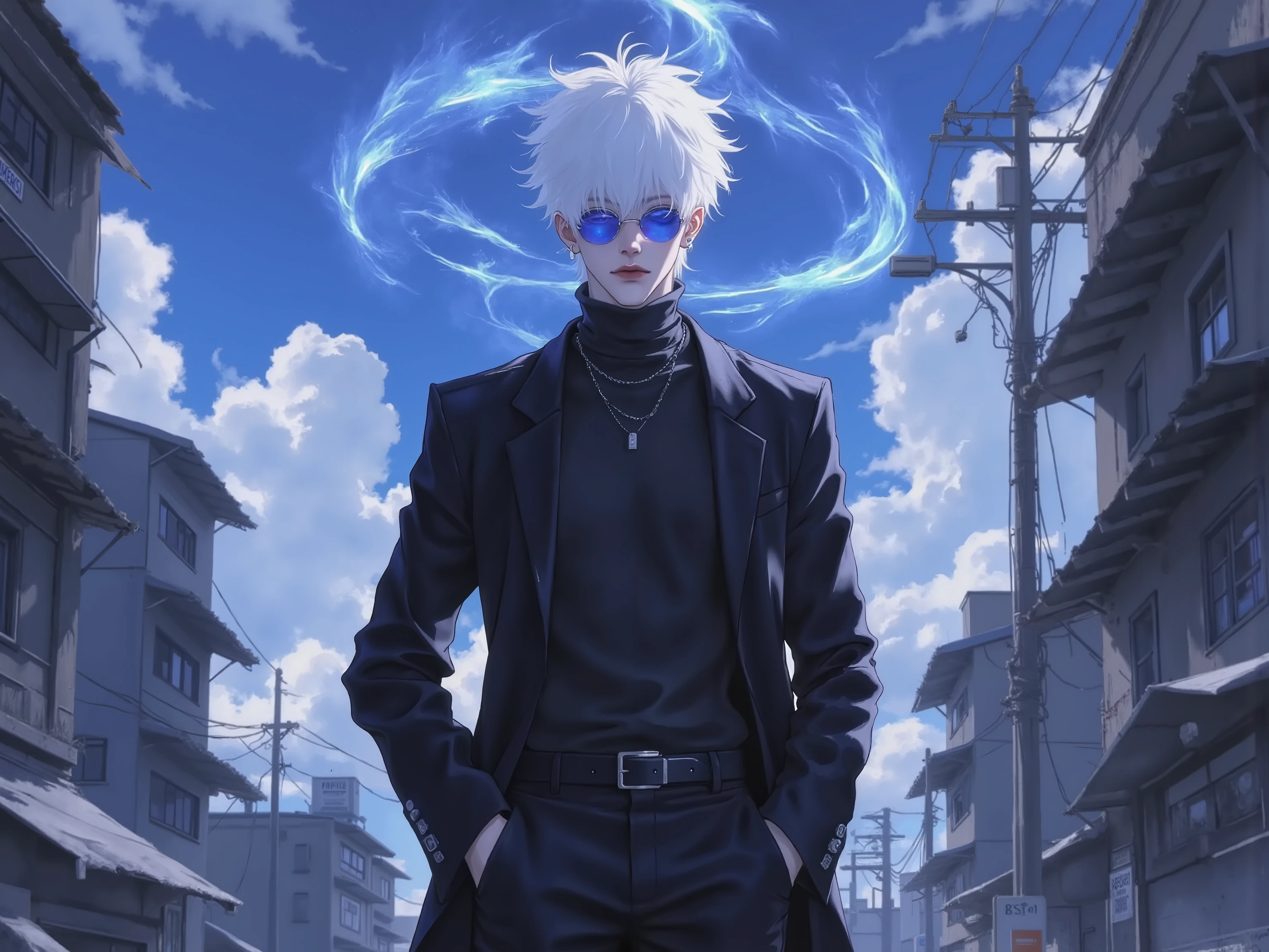 ((점수_9,점수_8_위로)), GOJO SATURO, Portrait of Gojo Satoru from "Jujutsu Kaisen", upper body only, facing forward with a calm and confident expression. White hair, blue sunglasses, wearing a high-collared black uniform. anime style, detailed lighting, soft shadows, A tall white-haired anime man with striking blue eyes, wearing a black high-collar uniform, pushed up on his head, standing in a destroyed Tokyo cityscape with cursed energy swirling around him, hands in pockets, Infinite Void theme, cinematic lighting, anime style, highly detailed