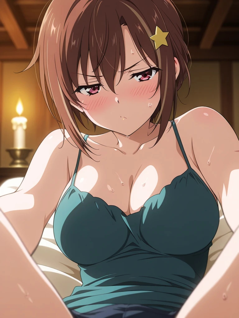 portrait, solo focus, solo, living room, looking at viewer, smile, closed mouth, embarrassed, flat chest, mature woman,
horimiya_hori, 1girl, brown hair, solo, long hair, brown eyes, looking at viewer, nsfw, completely topless, PARTED LIPS, hair between eyes, bangs,