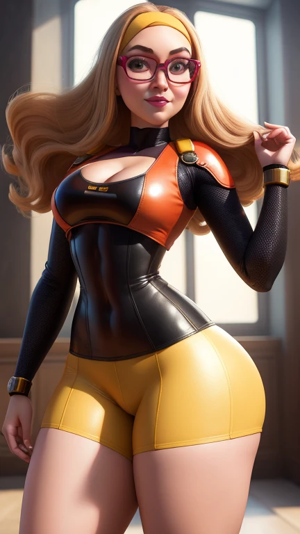 4k, high quality, hdr, uhd, high definition, beautiful, sexy, hot, perfect, muscular, woman, wet hair, slim thicc, perfect body, accentuated curves, femininity, tight, full body picture, platform heels, Yellow latex leggings, body hugging, second skin, Black latex bra, thick lips, wet body, cool lighting, shiny, choker