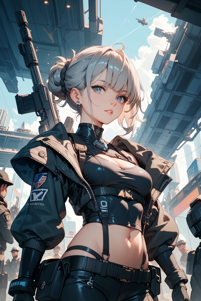 ((Best Quality)), ((Masterpiece)), (detailed), anime girl, short white hair exposed pussy, black futuristic tactic, tactical assault weapon, tactical equipment, angry, bothers, hull, special mission, At night, City, strong rain, in focus, Shooting robots, con hull tactico