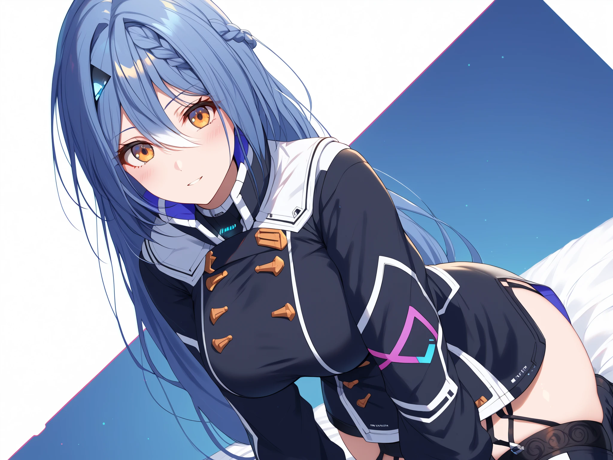 masterpiece,best quality, amazing quality, highres, absurdres, very aesthetic, high resolution, ultra detailed, perfect details,score_9, score_8_up, score_7_up, score_6_up, score_5_up, score_4_up, Etra, blue hair, long hair, yellow eyes, white streaked hair, braid, hairclip,Vt_2nd,short dress, black dress, long sleeves, garter straps, thigh boots, black footwear, high collar, ,, mature female,thick thighs,wide hips,bed room,large breasts,curvy figure,,thigh focus,
