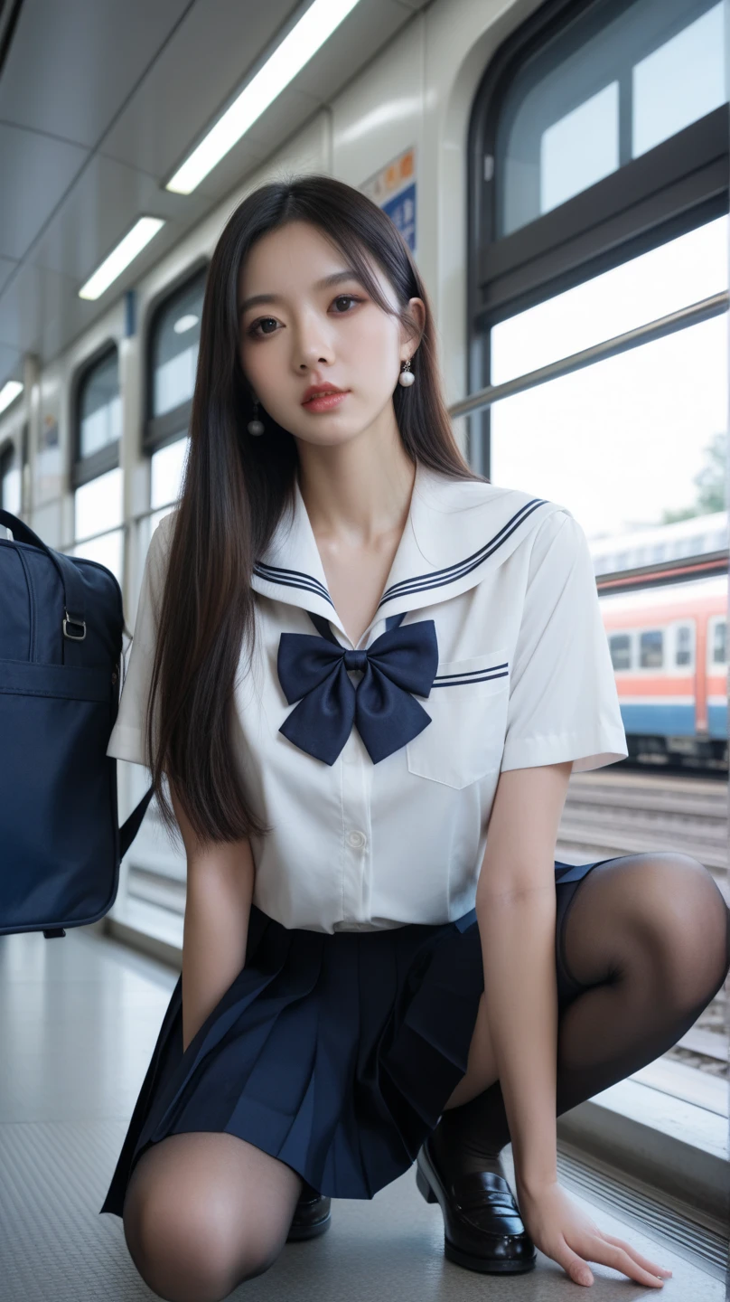 top-quality,ultra-detailliert,masterpiece,realisitic,Photo Real,Bright lighting,1 girl in, an extremely beautiful 17-year-old girl, (kawaii:1.2),Thin smile, (Brown eyes),(brown haired),(bangss),perfect glossy skin,flawless skin,((erotick,Sexy and sexually explicit,NSFW)),((accurate hands without incongruity)), large full breasts,big breasts thin waist, Look at viewers,((a sailor suit)),((Short sleeve uniform white shirt)),(red necktie),(Blue Mini Pleated Skirt),(((skirt lift by yourself))),(lifted by self),(Showing panties),panties on,panties focus,((Sit with your knees upright、Spread your crotch and show off your panties)), sockes, (Black knee socks),(Loafer shoes), during daytime,On the train,Horizontal long seat with your back to the window