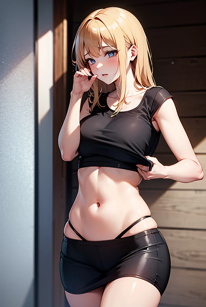 1girl, franja, ombros apertados, Corpo de Loli, Menina de 15 anos, blonde hair, short hair, olhos amarelos, seios, clivagem, boca sensual, seios pequenos, bunda de frente para o espectador, back to screen, sorrir, tenso, micro shorts 1.4, Ultra HD, Imagem 4k, glasses, character near the camera, lightning clip in hair
