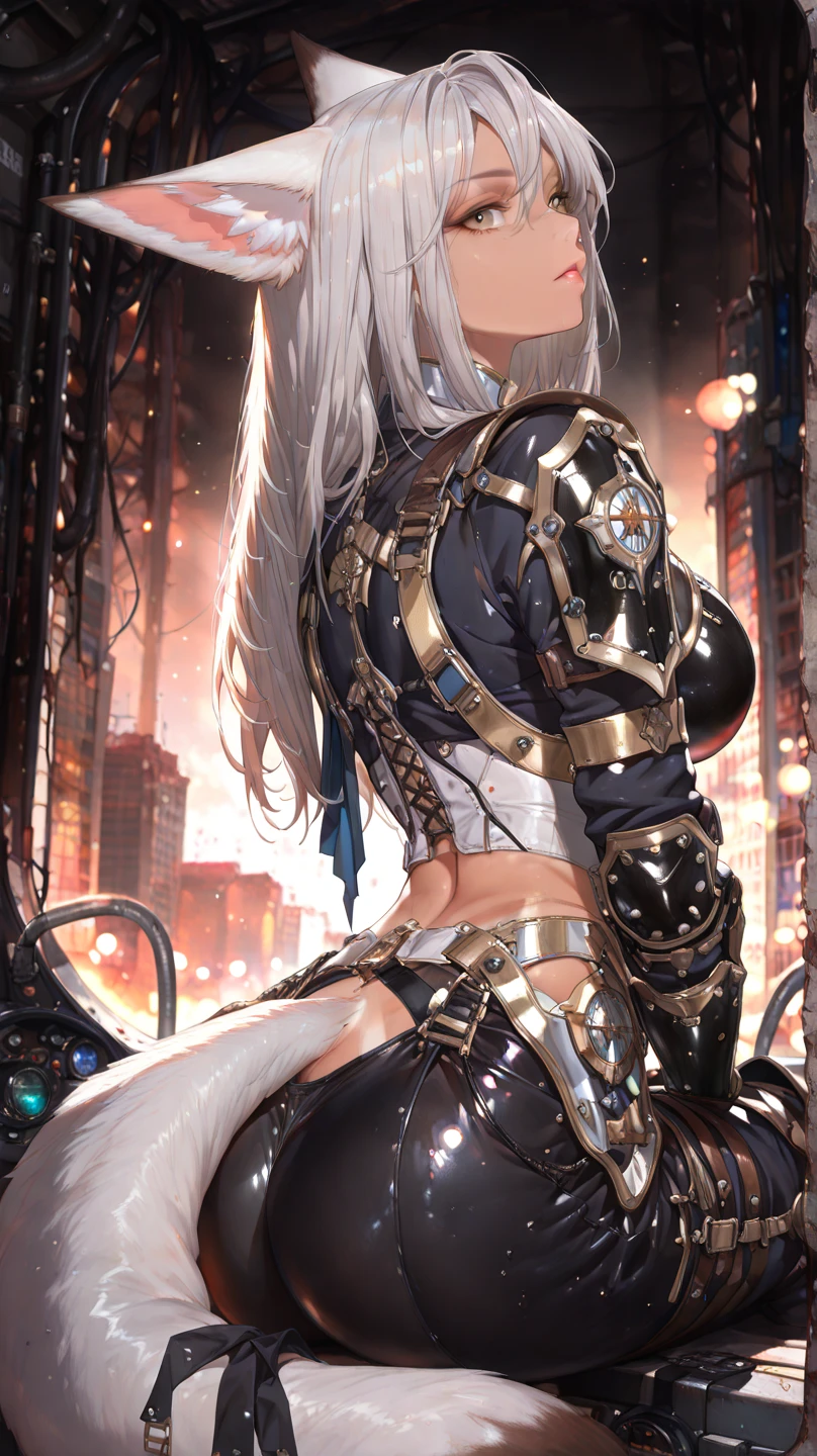 An intricately designed mechanical creature with a sensual and organic form, its body composed of interlocking brass, copper, and steel gears, wires, and tubes. The creature's torso is reminiscent of a voluptuous female form, with a chest plate that opens to reveal a complex clockwork heart beating rhythmically. The abdomen extends into a set of flexible, serpentine hips, leading to legs that terminate in delicate, articulated feet with pointed toes. The arms, adorned with small steampunk-style instruments and leather straps, end in long, slender hands with mechanical fingers. The creature's head is a masterpiece of engineering, with a pair of emerald eyes that seem to gaze into the soul, set within a face constructed of gleaming metal plates. A wild mane of metallic wires cascades down its back, mimicking the flow of hair. Despite its robotic appearance, the creature exudes an allure and sensuality that transcends its mechanical nature. The background is a dimly lit, industrial boudoir, with flickering candles and velvet drapes, creating an atmosphere of both mystery and intimacy. The creature is posed in a seductive yet poised stance, one hand resting on a hip and the other reaching out as if to invite the viewer into its world of gears and passion. The overall effect is a captivating blend of futuristic technology and classical eroticism, challenging the boundaries between animate and inanimate, human and machine.