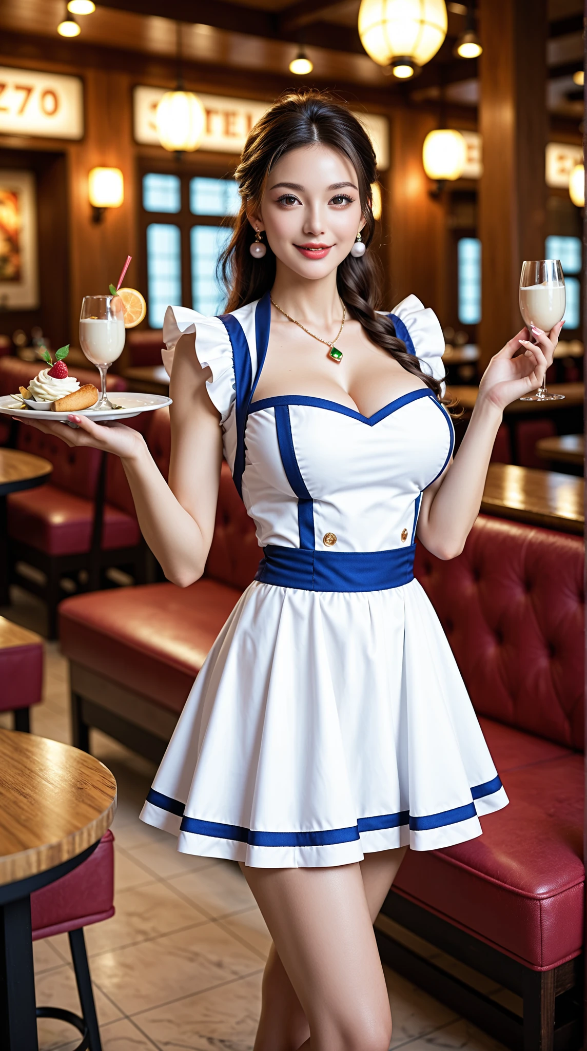 (((fifties style striped pattern waitress costume))),(((foot job))),(((bare inner thigh))),(((Show cleavage))),(((double-breasted,underbust:1.2))),(((pastel colored socks pumps))),ulzzang-6500-v1.1, (Raw photo:1.2), (Photo realistic:1.4), a beautiful detailed girl, extremely detailed eye and face, beautiful detailed eyes, ultra-detailed, High resolution, top-quality, ​masterpiece, highly detailed, 8k wallpaper, Wonderful, finely detail, top-quality, (retro pop diner), Beautiful eyes, smile, Opening Mouth