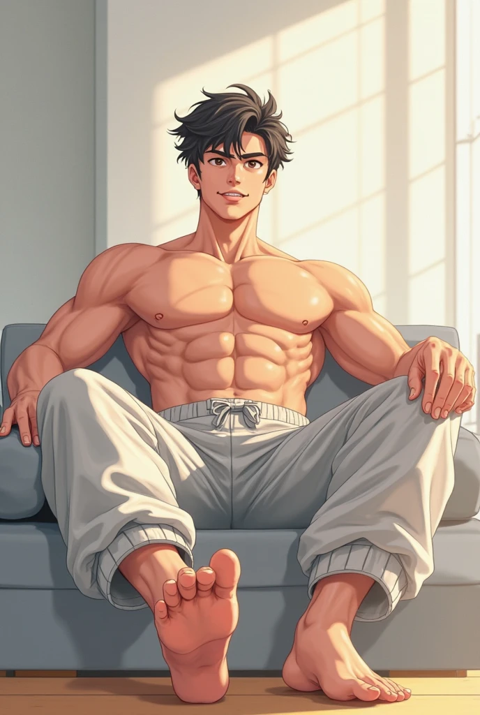 A shirtless girl sits on a sofa