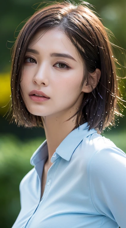 (Top quality, 4k, Masterpiece:1.3), Pretty woman, 1 woman, (breasts, attractive body:1.2), abs:1.1, dark brown hair:1.1, (rainy wet, wet in the rain, wet torso: 1.2), very fine face, delicate lips, delicate eyes, double eyelids, sparkling eyes, sparkling lips,