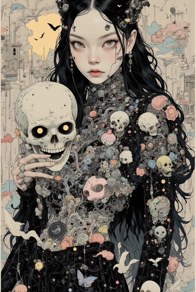 Portrait of a beautiful young woman being possessed by humanoid toys, organic, diabolical and japanese mechanics, in the style of Toshio Saeki, detailed and linear illustration.