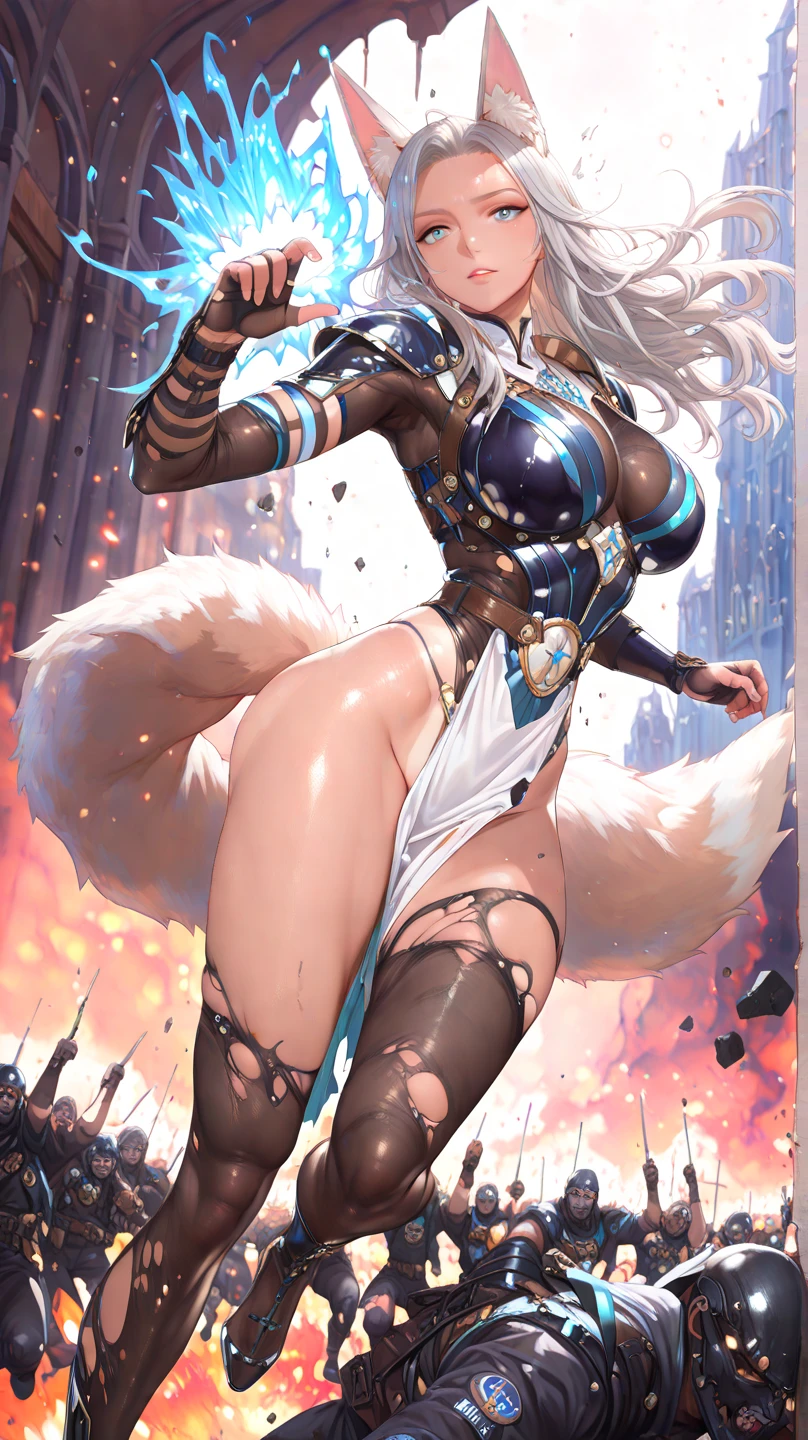 (masterpiece、highest quality、highest quality、official art、beautiful beautiful:1.2)、(1 girl)、very detailed、(fractal art:1.3)、Colorful、best details, (Nine-Tailed Fox), 9 White, Black fox ears, Foxes inspired by Japan's divinity, Transparent clothes of fantastic celestial warriors, Elaborately embellished with gold, Fantasy Japan Background, soft smile, super sexy, ((((((sagging gigantic breasts)))))), spread (((thick thighs))) and sitting, anatomically, Fine wraist with large defined hips, soft expression, laughter, silver hair, Wave, facing the front, Hair is spreading,((((from below)))),