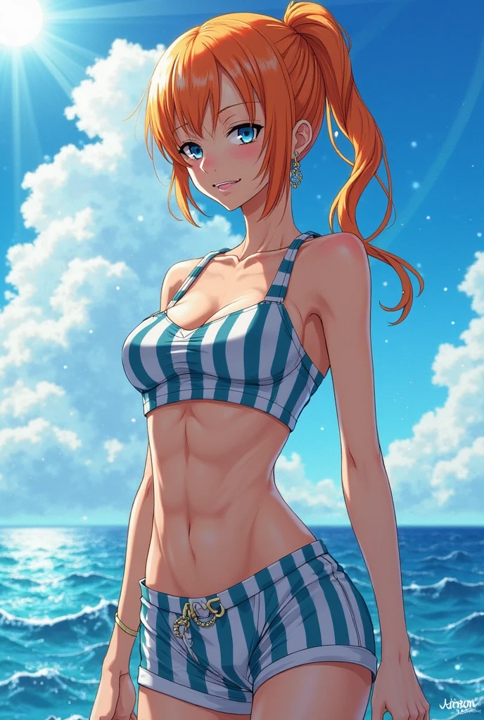 uclarusbest quality, masterpiece, over  the  sea,1girl (abs:1.3), orange hair, tattoo on shoulder, muscular