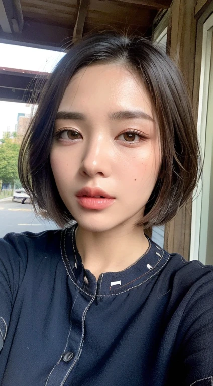 21yo girl, short hair, green background 