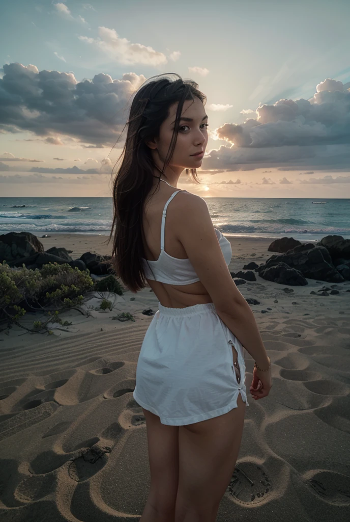 Anime girl staring into the sunset at the beach with deph of field