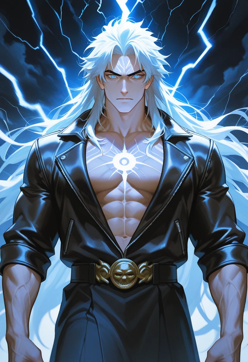 Highest quality, finely crafted lighting, young adult male, long back hair, multicolored gray hair, hair in stirs, highlighted red eyes, night environment, lightning, sky with rays, divine style clothes, gold necklaces, white overcoat, gold rings, left eye tattoo
