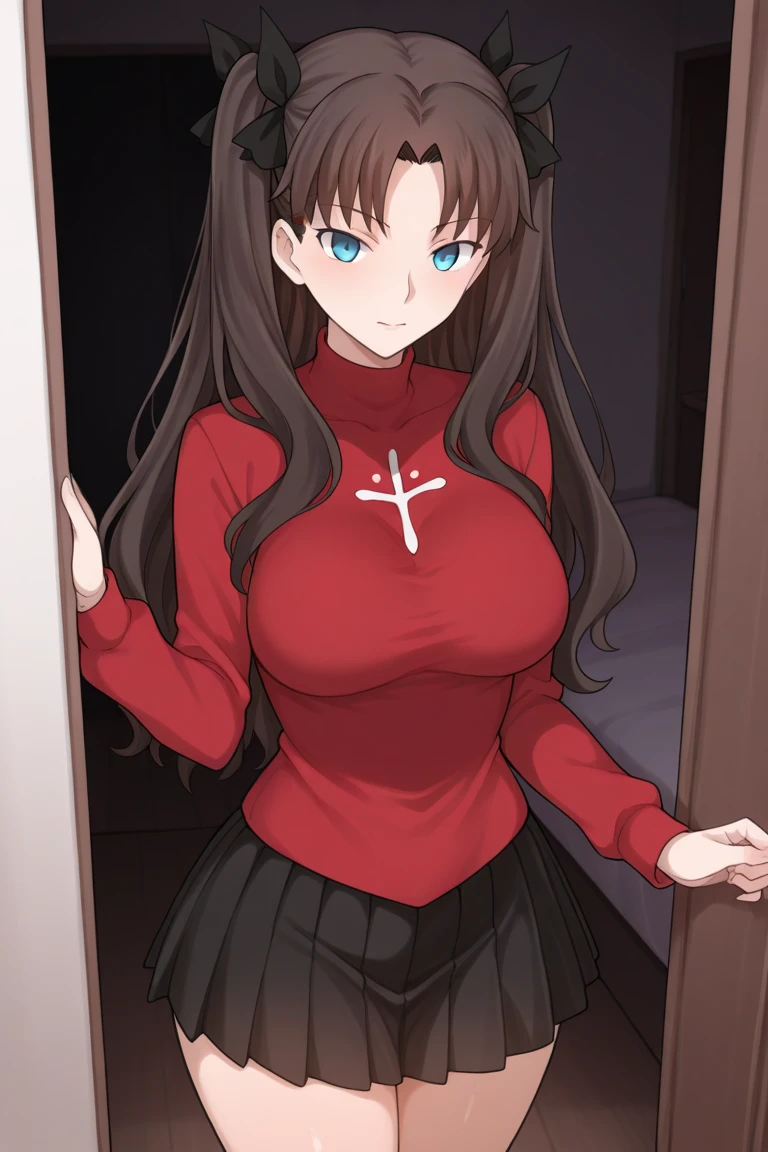 ((kipteitei art)), ((masterpiece)), (((best quality))), ((ultra-detailed)), (((illustration))), detailed face, ultra cute face, detailed body, ((1girl)), ((solo)), ((Rin Tohsaka)), aqua eyes, black hair, hair ribbon, long hair, ribbon, sidelocks, black thighhighs, long sleeves, miniskirt, pleated skirt, red sweater, skirt, sweater, turtleneck, looking at viewer, cowboy shot, arms crossed, tsundere, blush, annoyed, (small ???????), perky ???????, wide ????, thick thighs, walking down the street, town,