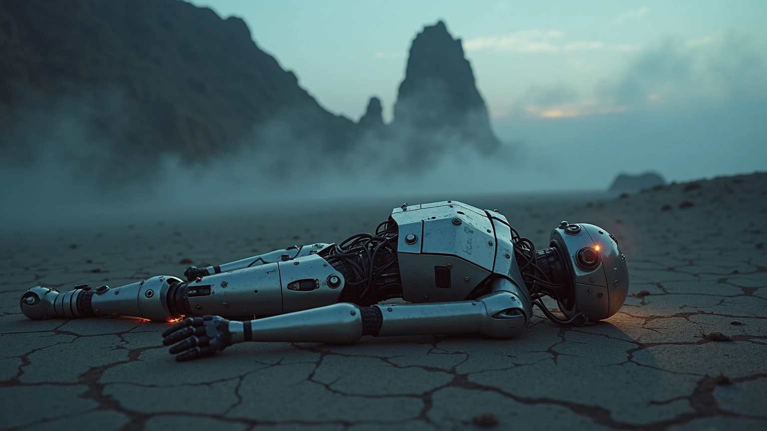high quality, 1 humanoid, ((dead, eye closed)), android, ((on the floor)), robot torso, ((damaged, dirty)), post-apocalypse, desert, abandoned, broken, cables scattered, low-lights