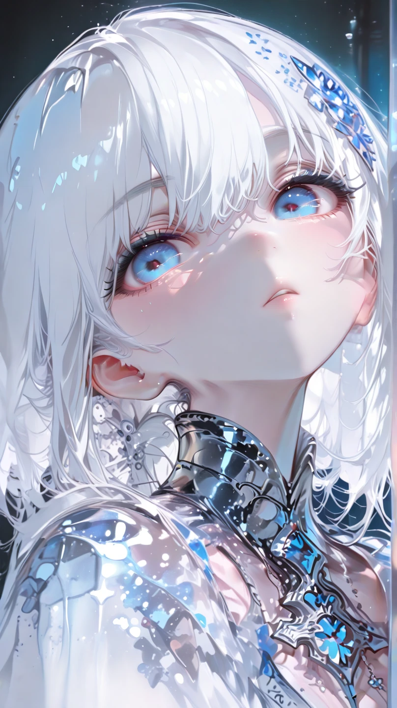  (masterpiece, detailed:1.2)1 girl with long white hair and glass looking at the viewer, beautiful blue eyes, detailed portrait, 