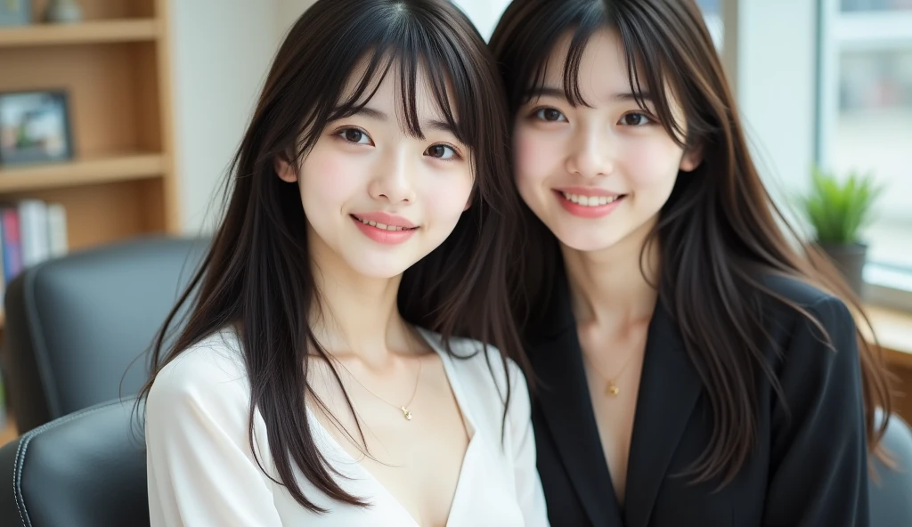Best-quality, Masterpiece, Ultra-High-Resolution, (Photorealistic:1.4), Raw-Photo, (A lesbian couple, 18-years-old girl and 25-years-old woman), in the morning, In the spring, At Hiroshima's entertainment distric, (The 15-year-old girl, the most famous Japanese idol, (wearing spring-sweater), (extremely beautiful black-short-cut-haired), extremely cute face like the most popular Japanese idol, ((extremely beautiful big-black-eyes)), extremely beautiful lips, extremely beautiful skins, extremely beautiful long-eyelashes), 
(The 25-year-old woman, the most famous Japanese actress, (wearin business suit), (extremely beautiful brown-long-haired), extremely beautiful face like the most popular Japanese actress, ((extremely beautiful big-solid-circle-eyes)), extremely beautiful skins, extremely beautiful lips, extremely beautiful long-eyelashes), innocent smile