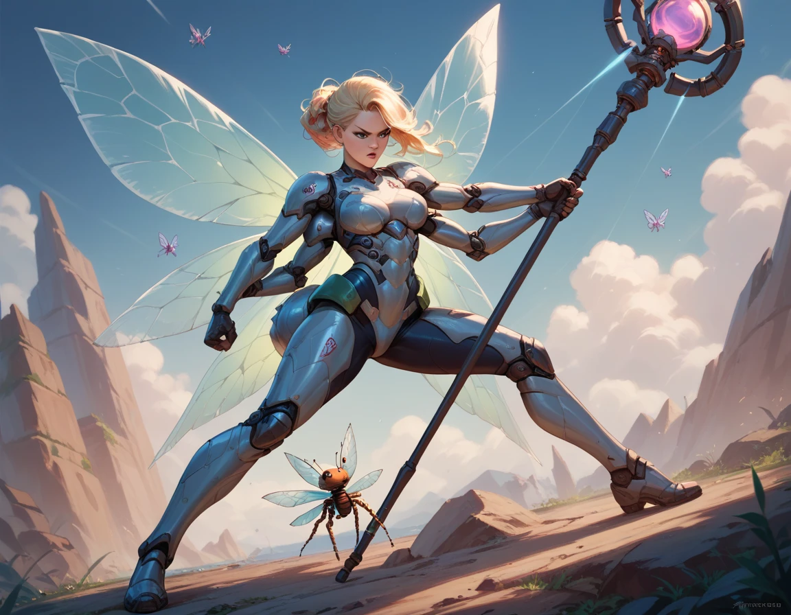 a female android, athletic, blonde hair, porcelain, tight bodysuit, white plastic, see through, ornate,(joints:1.1),wires,<lora:reelmech1v2:0.6>,(mechanical parts),<lora:FeyAndFairies-10:0.75>,FeyFa, fairy wings, sky, storm clouds, grass, lake, lights, <lora:tinkerbell_character:1> TinkerWaifu, single hair bun, strapless green dress <lora:Perfect Hands:1> <lora:more_details:1>