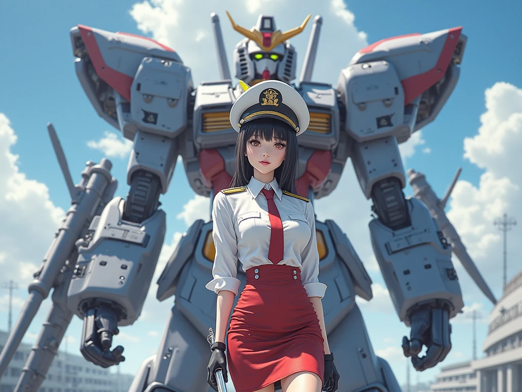 gundam\(rx78\), ultra high res, best quality, photo, 4k, (photorealistic:1.4), 1girl, solo, (full body:1.1), ponytail, black hair, beautiful face, beautiful eyes, dynamic pose,dynamic angle, outside in the park with lake, mecha armor, depth of field, motion lines, perky breasts, bra lift, breast slip,