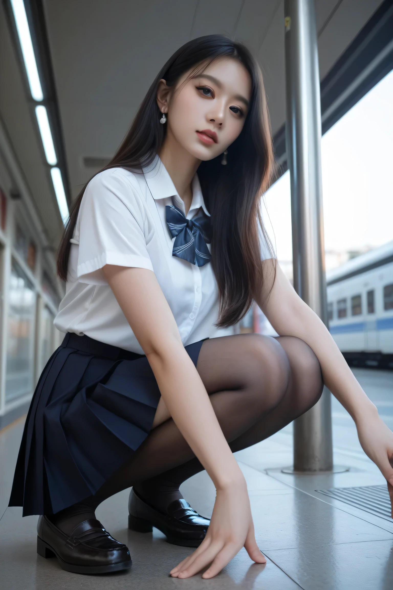 (8K、Raw photography、top-quality、​masterpiece:1.2、realisitic、Photorealsitic、highcontrast、photon maping、photon maping、Photorealsitic、ultra-detailliert、profetional lighting、low angles:1.2)、(1 girl in)、(独奏:1.5)、(full body Esbian)、(Height is 165 cm)、(18-year-old schoolgirl)、(Shinjuku at night Japan)、(Sidewalk lined with shops)、(Japan high school uniform and designated shoes)、(Dark blue blazer:1.2)、(short plaid skirt:1.5)、(White shirt for students)、 (neck tie:1.2)、(Looking at the front and squatting with the crotch open)、(Skirt flipping)、(ＭCharacter opening leg)、(100 degree leg opening)、(crotch open:1.2)、(Uniform taken off to the shoulders、Fluttering chest、Exposed beige bra: 1.5)、(Light brown medium hair)、(See-through wet white panties:1.5)、(cammel toe)、(Black loafers:1.5)、(beauitful face:1.3)、(perfectly proportions:1.2)、(Long feet:1.2)、(small tits:1.3)、(Panties can be seen from under the skirt:1.3)、(woman's pubic area is clearly visible:1.4)、(Have pubic hair:1.4)、(witheout panties:1.2)、(Textured skin)