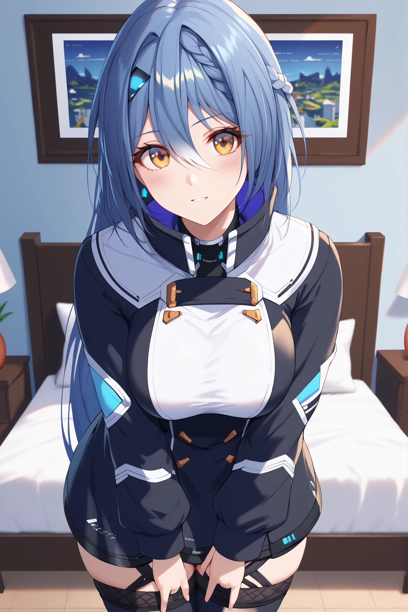 masterpiece,best quality, amazing quality, highres, absurdres, very aesthetic, high resolution, ultra detailed, perfect details,score_9, score_8_up, score_7_up, score_6_up, score_5_up, score_4_up, Etra, blue hair, long hair, yellow eyes, white streaked hair, braid, hairclip,Vt_2nd,short dress, black dress, long sleeves, garter straps, thigh boots, black footwear, high collar, ,, mature female,thick thighs,wide hips,bed room,large breasts,curvy figure,,thigh focus,
