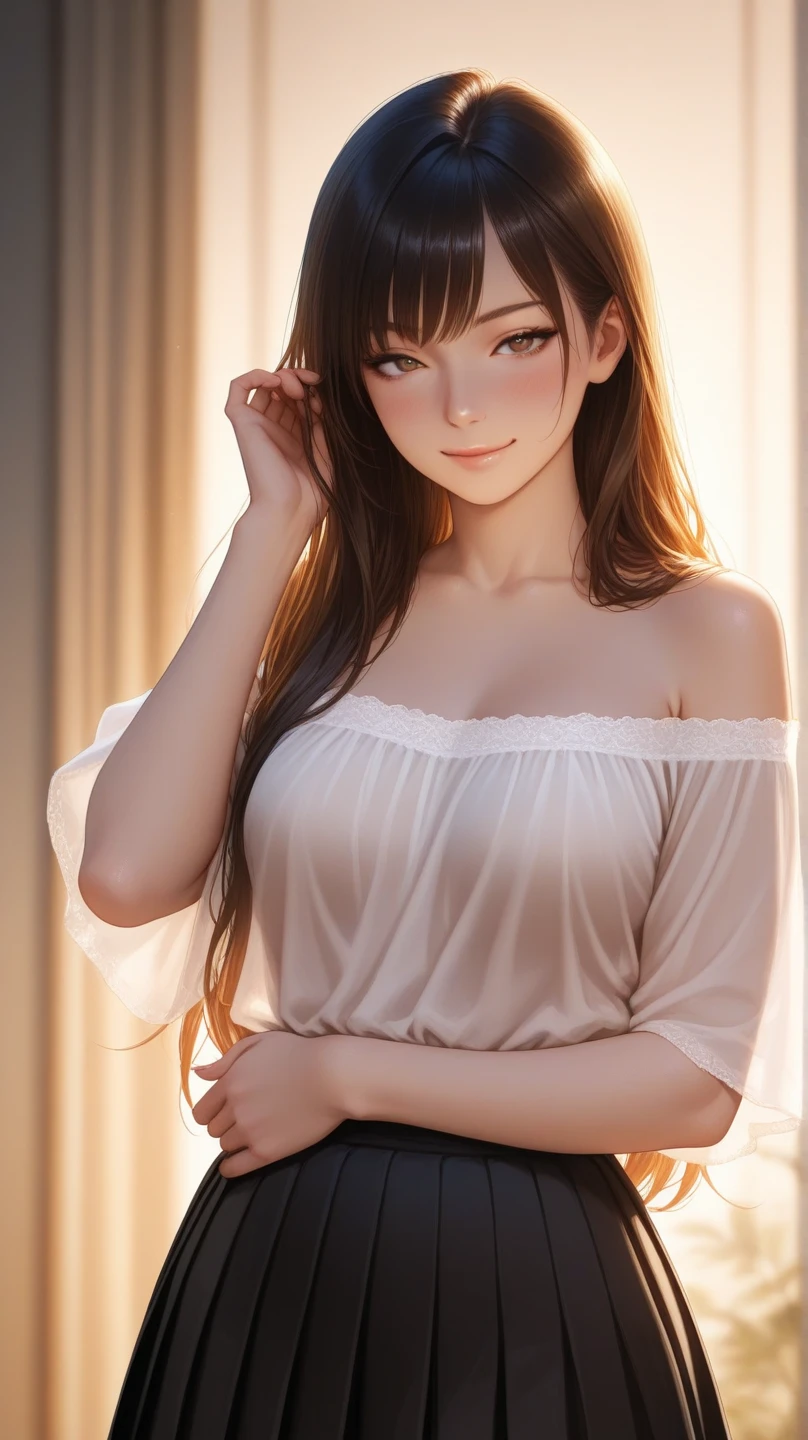 (masutepiece: 1.3), (max resolution: 1.2),, (Detailed eyes and skin), (detailed facial features), nffsw, Sharp Focus: 1.2, Perfect Style, Beautiful face, Perfect body,Highly detailed face and skin texture, Detailed eyes, Dark-blue eyes, Double eyelids, Thin eyebrows, Glitter Eyeliner: 1.2, Natural cheeks, Glossy skin, Fair skin: 1.2, shiny little necklace and earrings, (Glossy lips: 1.Very cute 25-year-old woman), Light yellow bra), (Seductive smile: 1.2), ((a Innocent and cute girl:1.3)), (long, straight haired, bangss), (ligh brown hair:1.2), medium large breasts, FULL BODYSHOT Shyness Classroom Herren cute little The shirt pleatedskirt sexy pose Light yellow lace panties