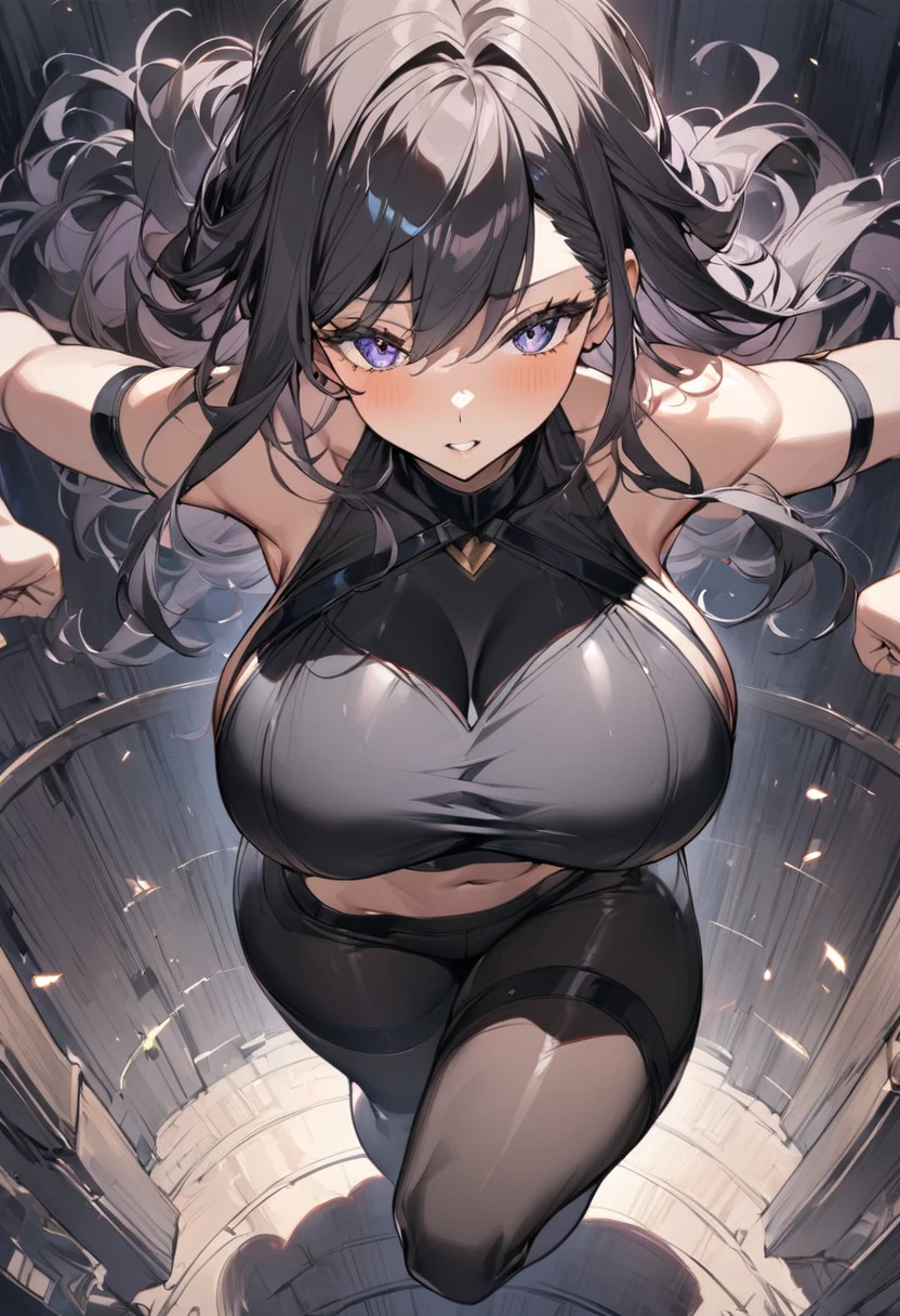 16K, RTX, HDR, extremely high details, intricate, professional makeup, closeup shot, best quality, masterpiece, night time, 1woman, solo, mature, cool, edgy, muscular, sexy micro bikini top, glowing eyes, long hair, smooth skin, big boobs, cleavage, ((extremely slutty)).