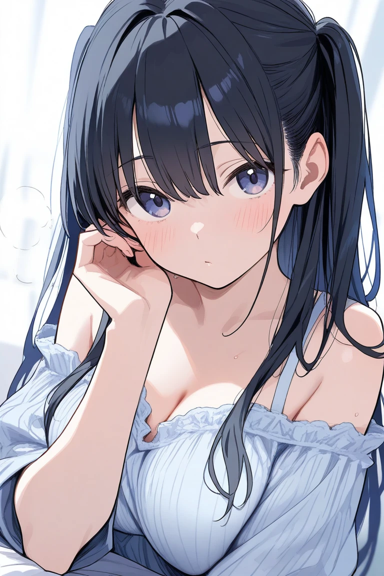 hand on own face、Biologically correct five fingers、Close-up of your face、head tilt, Cleavage、Realistic, real person, (pale skin: 1.2), RAW photo, photorealistic, shiny skin, shiny hair、(A 25-year-old woman with straight hair and bangs) and (medium hair) and (black hair) and (purple eyes) , (white) and (collared shirt)、smile, (blush:1.5), The background is a shopping street at night、Alone、Are standing