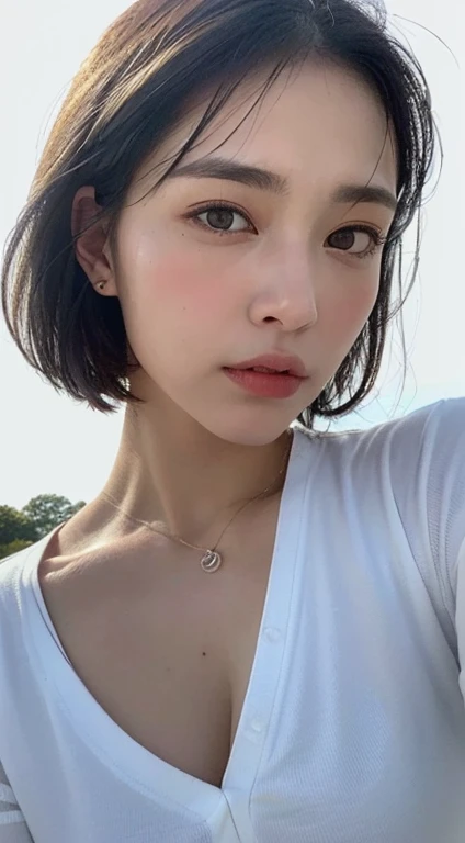 ((Highest quality, 8K, masterpiece:1.3)), sharp:1.2, Beautiful woman with perfect figure:1.4, Slim Abs:1.2, ((Layered Hairstyles, Huge boobs:1.3,Cleavage:1.2)), (A long shirt with wet white buttons showing through:1.1),(rain,Street:1.2),get wet:1.5,Highly detailed face and skin texture,Detailed eyes,double eyelid,Glancing sideways at the camera