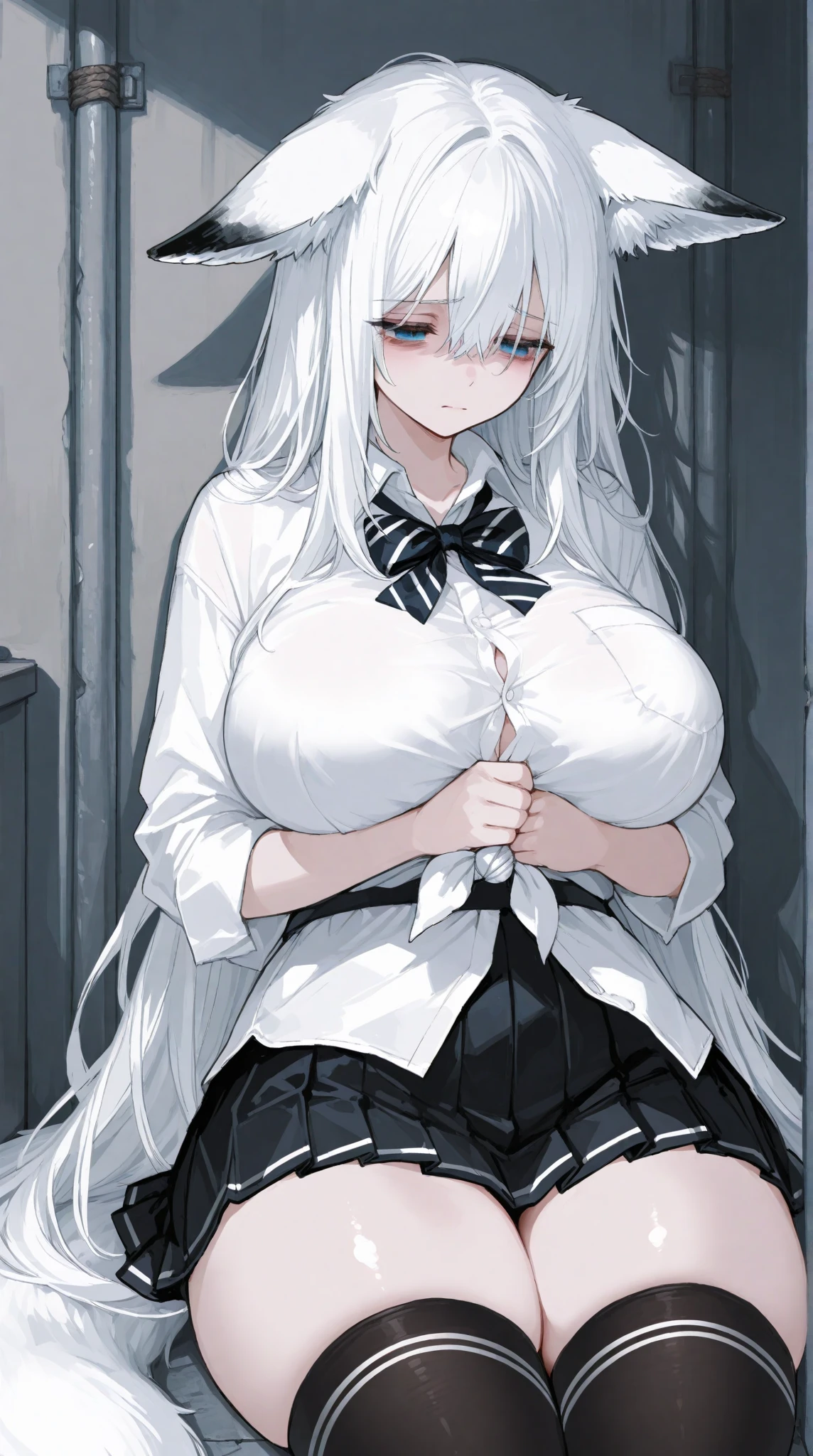 Blush, ((((White color blouse)))),  black long boots, ((((Huge white furry tail)))), (on top of the bed), Reclining, D-cups, White hair, ahoge,((hair covering one eye)), Heart-shaped pupils, Purple eyes, Fox ears, Evil smile, Seductive smile, hearts in eyes, torogao, Reflectors, Yandere, anime big breast, Chiaroscuro, Ray tracing, shadowing, hyper HD, Masterpiece, Accurate, Anatomically correct, Textured skin, Super detail, High details, High quality, Award-Awarded, Best quality, A high resolution, 16k，(There is love around you)，Tempting，(((Long knives)))