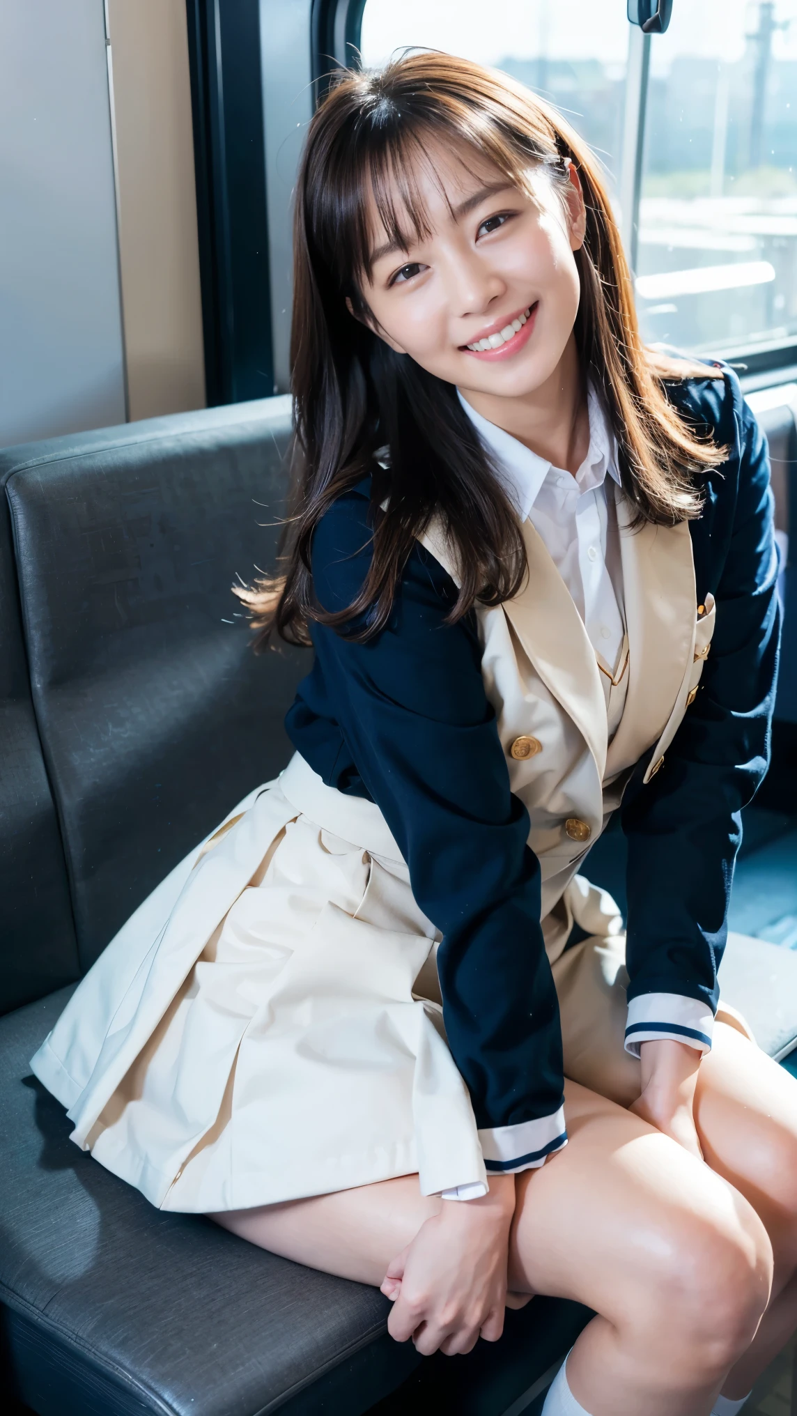 Highest Quality, masterpiece, Ultra High Definition, (reality: 1.4), original photo , one girl, mature, JK uniform in white , happy smile, , crouching on train seat, Cinema Lighting