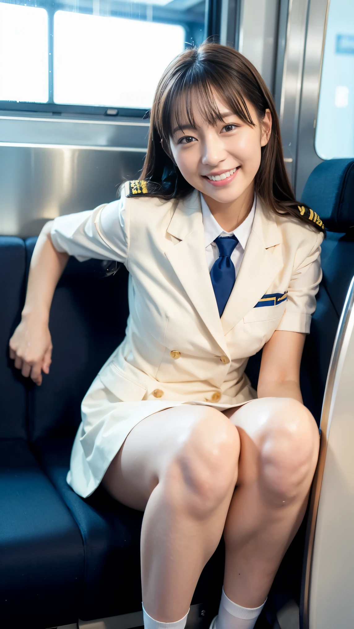 Highest Quality, masterpiece, Ultra High Definition, (reality: 1.4), original photo , one girl, mature, JK uniform in white , happy smile, , crouching on train seat, Cinema Lighting