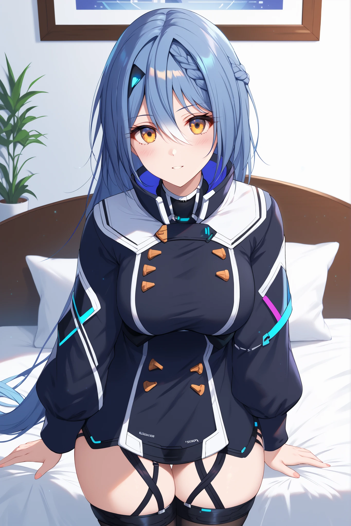 masterpiece,best quality, amazing quality, highres, absurdres, very aesthetic, high resolution, ultra detailed, perfect details,score_9, score_8_up, score_7_up, score_6_up, score_5_up, score_4_up, Etra, blue hair, long hair, yellow eyes, white streaked hair, braid, hairclip,Vt_2nd,short dress, black dress, long sleeves, garter straps, thigh boots, black footwear, high collar, ,, mature female,thick thighs,wide hips,bed room,large breasts,curvy figure,,thigh focus,
