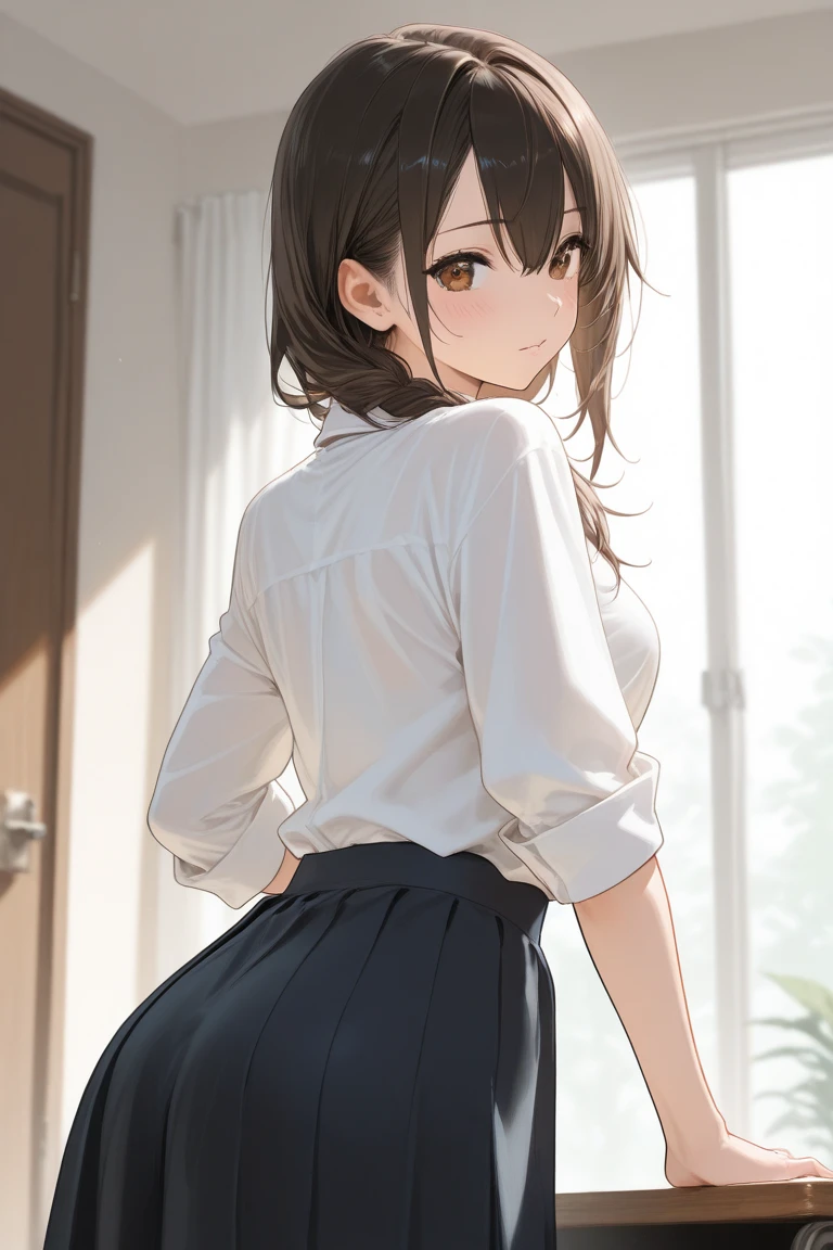 ((table top, highest quality, High resolution, perfect pixel, 4k))), 1 girl, single, alone, Beautiful woman、I could see the whole body、 ((middle wave hair, bangs, brown hair)), ((brown eyes, beautiful eyelashes, realistic eyes)), ((detailed face, blush:1.2)), ((smooth texture:0.75, realistic texture:0.65, realistic:1.1, Anime CG style)), big breasts, dynamic angle, perfect body, ((black skirt, plaid skirt)), city stairs、Looking up from the bottom of the stairs、Very embarrassing panic smile, looked back、lean forward、(The wind flipped my skirt and exposed my butt..、touch your butt with both hands)、(((sheer white shirt、pussy、pink lace panties)))、transparent nipples、(Love juice dripping from the vagina)