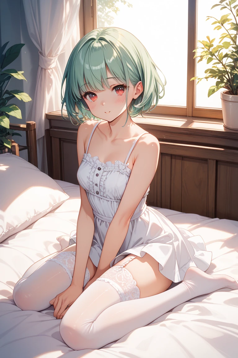beautiful illustrations, highest quality, pretty girl, 1girl, Bedroom, pastel colour, (two-separated lingerie), cute lingerie, (Spring Green bob cut), bright lighting, sky-blue eyes