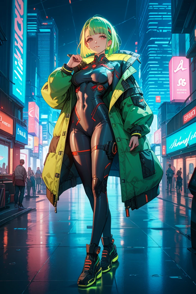 masterpiece, best quality, small breasts, 1girl, yellow hair, jacket, cyberpunk bikini, armed, outlaw, futuristic glasses cyberpunk, cyberpunk, chaos, full body