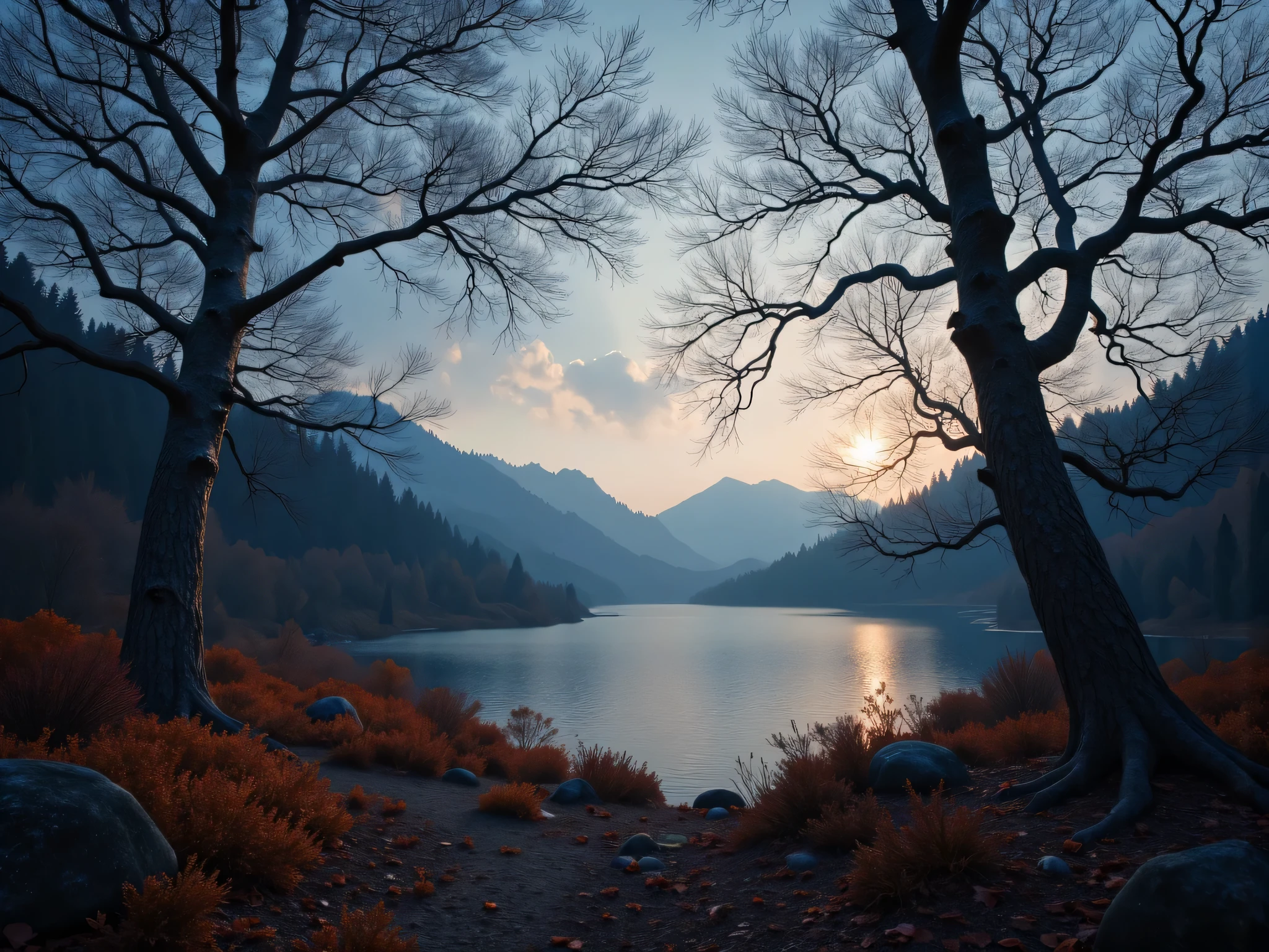 (best quality,4k,8k,highres,masterpiece:1.2),ultra-detailed,(realistic,photorealistic,photo-realistic:1.37),landscape,forest,late autumn,empty branches,depressed,dark and cold atmosphere,deep blue and gray,dense mist,motionless air,morning dew,tranquil and serene,subtle rays of sunlight,stillness and silence,subdued color palette,dry fallen leaves,desolate and melancholic,majestic trees,gnarled tree trunks,cold wind whispering through the trees,hidden secrets,uncharted paths,mysterious aura,undisturbed tranquility,breathtaking scenery,peaceful solitude,serene reflections in a calm lake,ethereal beauty,soft shadows and highlights,sublime nature,autumnal colors and textures,dappled sunlight on the forest floor,breathtaking perspective,vibrant oranges and rusty reds,majestic mountains in the distance,subtle hints of life amidst the emptiness,distant sounds of forest creatures,whispering of the wind,overwhelming sense of nature's power and beauty,embrace the stillness and beauty of the season.