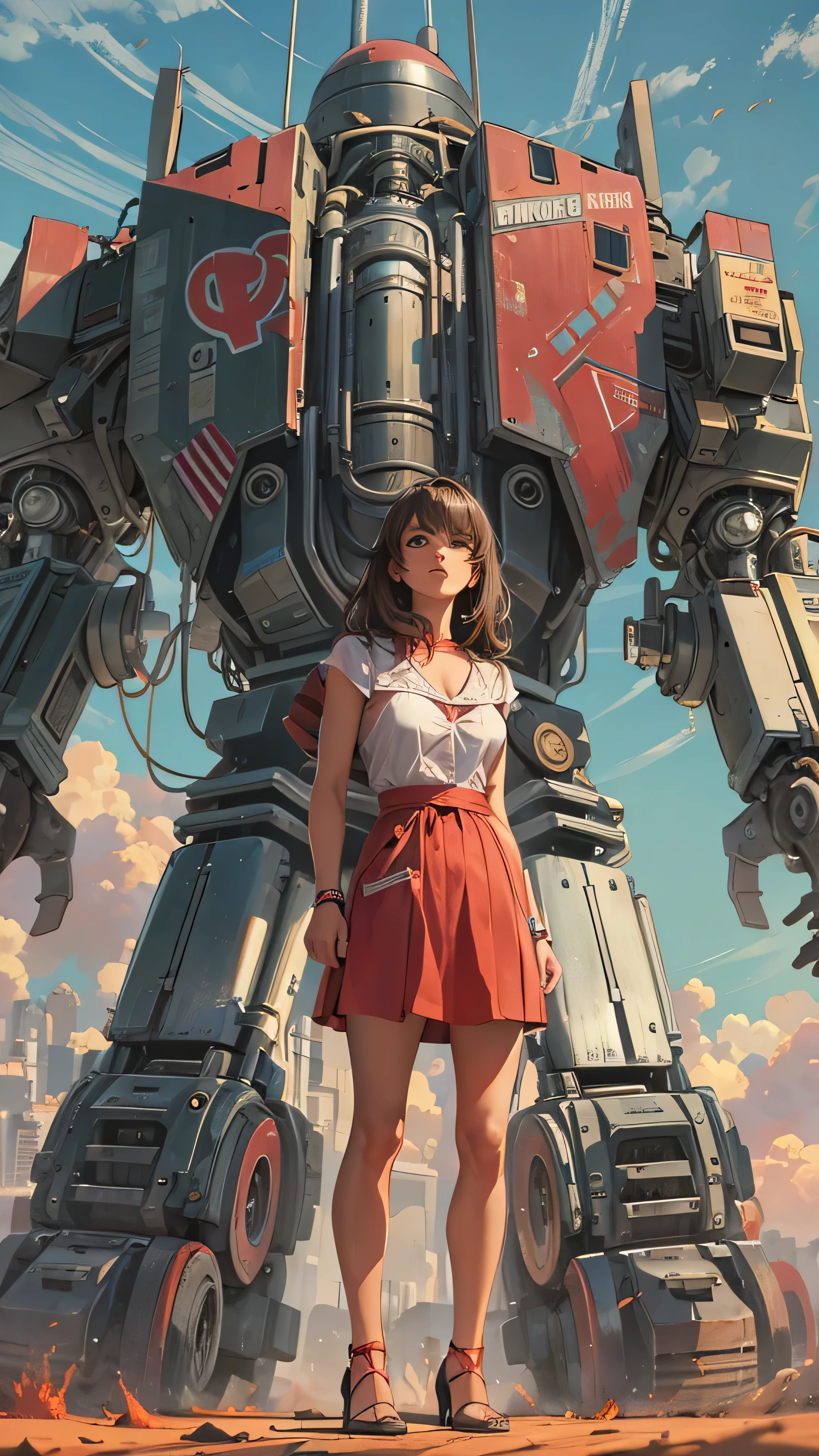 There is a woman in a dress standing in front of a giant robot, Don Mights, Sofia Vergara portrait, Promotional Art , Attractive brown-haired woman , Retro Punk, The protagonist in the foreground, Inspired by Louis Paul, mechanic, Anime Visuals of Young Women , Compute Shaders, inspired by Donato Giancola , youtube thumbnail , Chrome Art