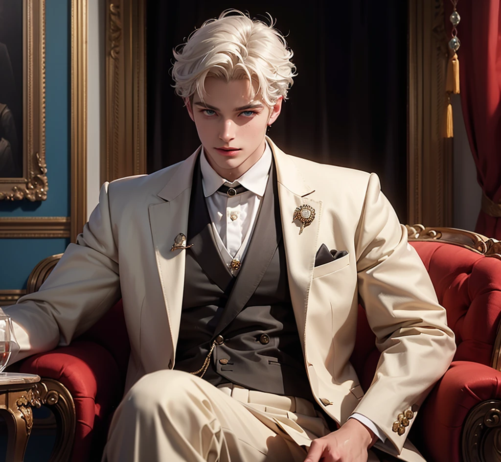A cool and handsome CEO man about 21 years old, cold gaze, white hair, mullet hairstyle, wearing black suit, an executive man, the backgound is he sitting on single sofa, sexy man, side angle