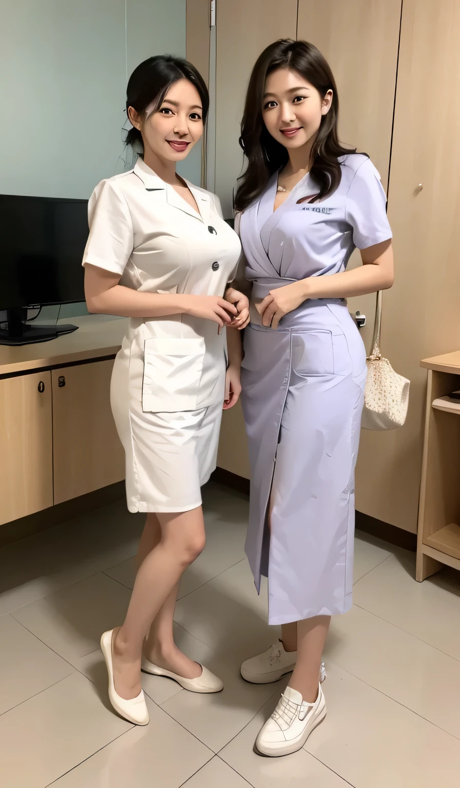 ((Realistic lighting, Best Quality, 8K, Realistic, Masterpiece: 1.3)), Focus: 1.2, Nurse Beauty, Beauty in Perfect Shape: 1.4, Slim Abs: 1.1, ((Dark Brown Hair, Short Layered Hair, Flowing: 1.2)), (White Nurse Suit: 1.4), (Luxurious Premium Room, Floor-to-Ceiling Window as background, [2 male patients in bed: 1.0], bedside, Night: 1.1), ultra-fine face, fine eyes, double eyelids, long eyelashes, swollen eyes, healing smile, (delicate stiletto heels crystal band sandals, high quality: 1.2, fair pink toes: 1.5), waist focus, buttocks focused: 0.6, [full body: 1.2]