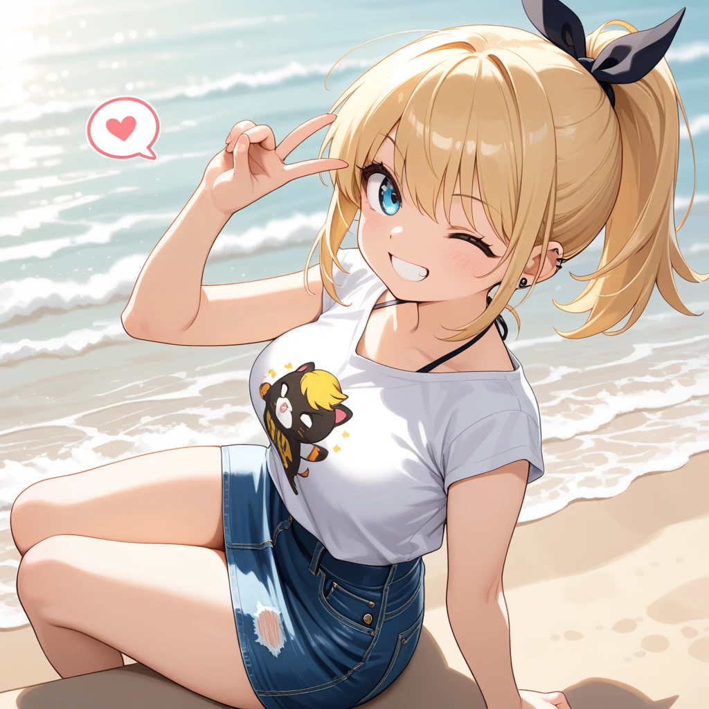 very cute 10 year old girl、(wet white t-shirt、wet miniskirt、wet hair、The whole body is wet)、Ocean、light yellow hair、red eyes、Ocean