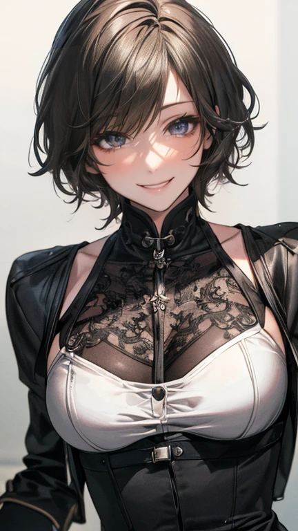 Yoha No. 2 type b,1girl huge large breasts,Phlegm sputum, phlegm,cleavage of the breast,Cleavage,cleavage cutout,clothing cutout,Green background,Hair between both eyes,hair bandni,A high resolution,Juliet sleeves,long sleeves,nier(series),nier automata,Fluffy sleeves,red lip,shaded face,Short Hair Hair,独奏,highnecksweater,Upper body body,gray hairs,skyward,blackstockings,lacepantyhose