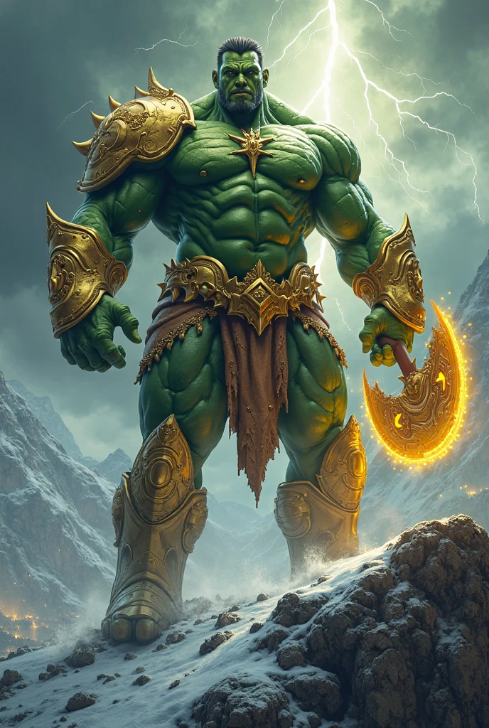 A colossal warrior, of extremely defined muscles, is in the center of a devastated battlefield. Her long, wild hair glows an electric green color, and his eyes radiate an intense glow, reflecting his uncontrollable fury. He wears torn, golden armor., with fragments floating around him due to his explosive energy aura. The ground beneath your feet is cracked, and rocks levitate around it, as he prepares a final attack, concentrating an immense sphere of energy in the palms of the hands. Ao fundo, The sky is dark and stormy, with lightning tearing through the clouds, highlighting the apocalyptic threat it poses.