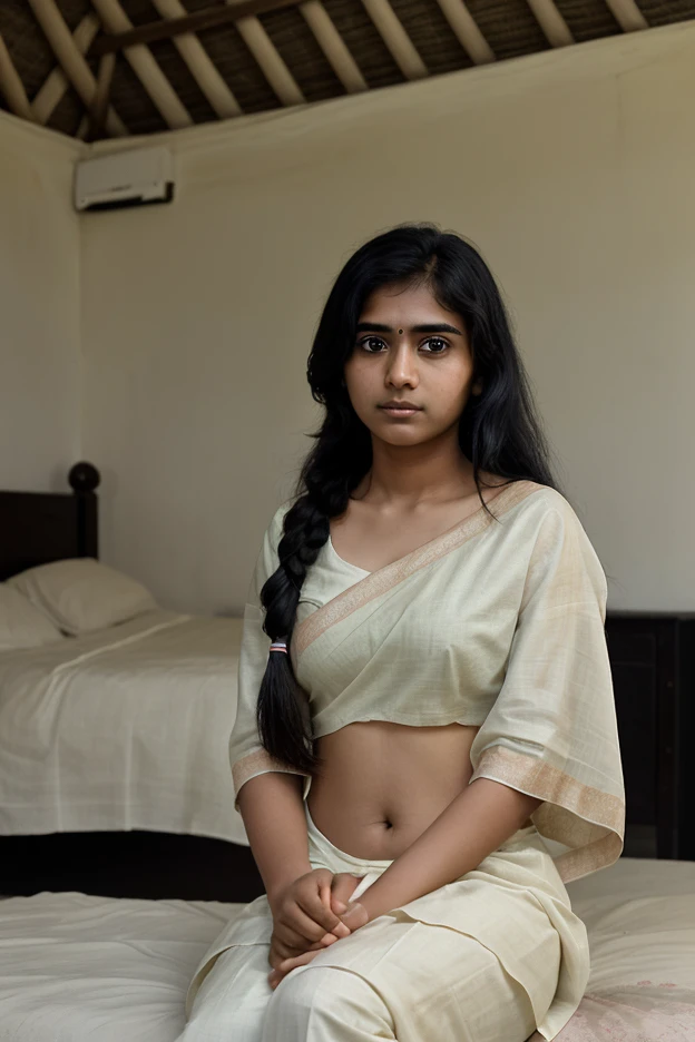 Full body shot of a poor 18 year old medium size Indian girl in pink shorts and Black Bra, at home, cleavage visible.