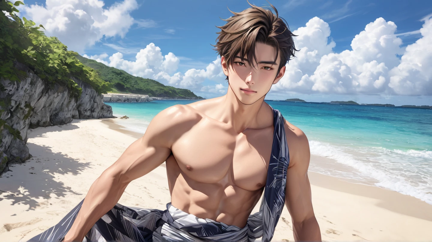 (เด็กชาย 1 คน,เป็นผู้ชาย),หนุ่มอนิเมะกล้ามโตในยิม, facial expression like masturbation, 1boy, bikini, Tight muscles, Broad shoulders, Handsome and old, Tiny underwear, Sexy, sex, Guy, Gay, Sea, jacket, sunglasses, boy, floral bikini, bright white hair, tight leg muscles, big Cook,